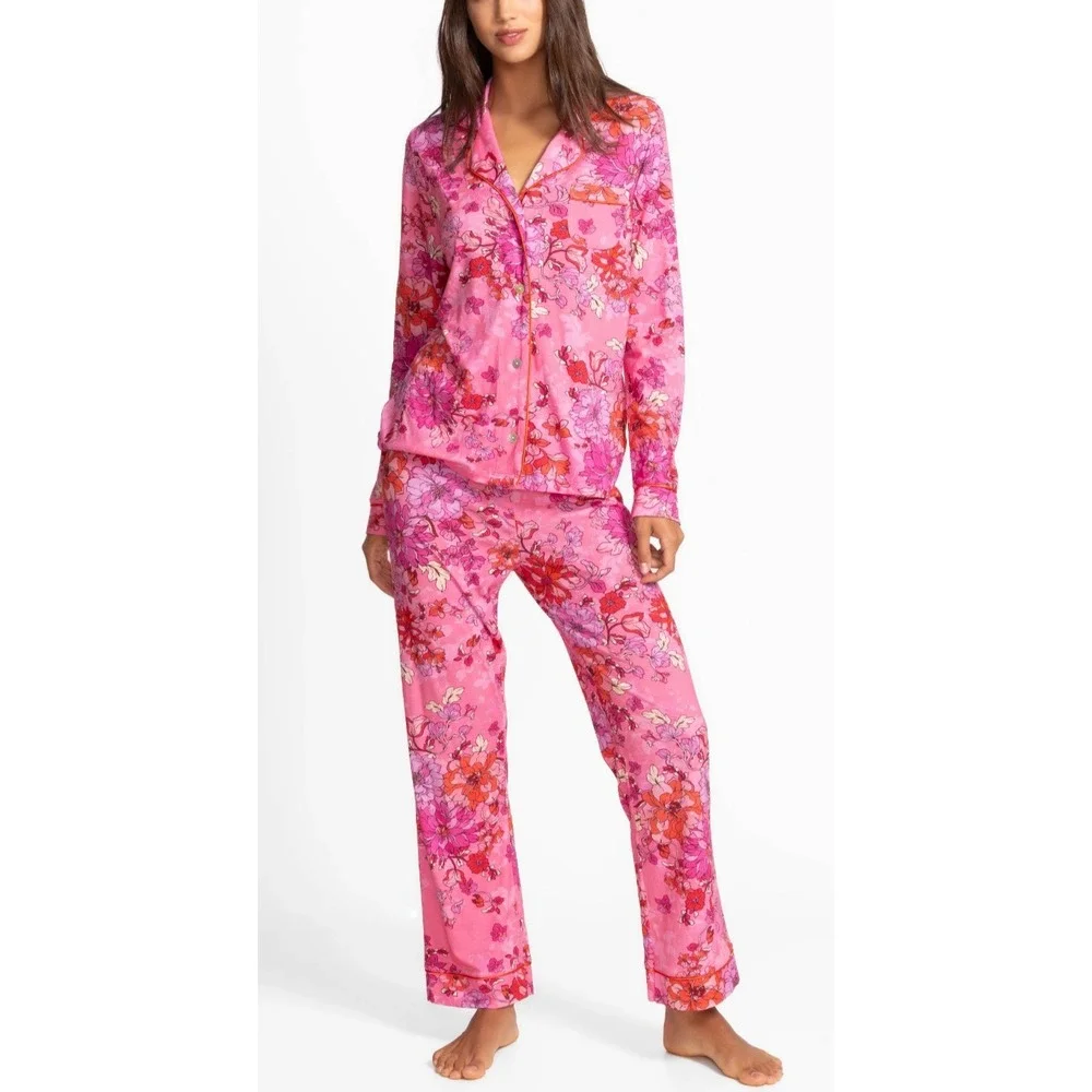 Johnny Was Carly PJ Pajama Set XXL Pink Floral Boho Cottagecore Sleepwear 2pc